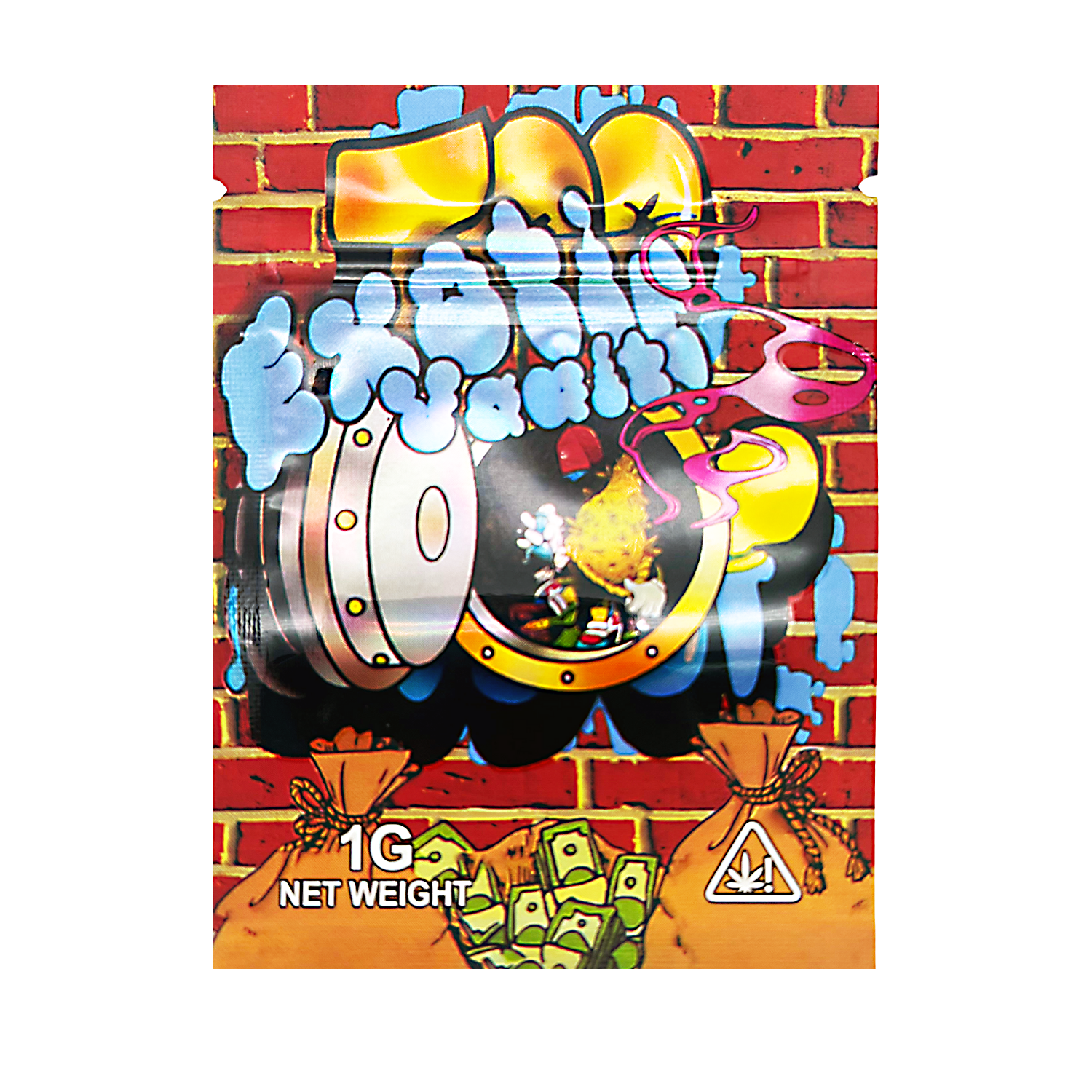 Mylar Bag Colorful packaging with text and graphics on a brick wall background