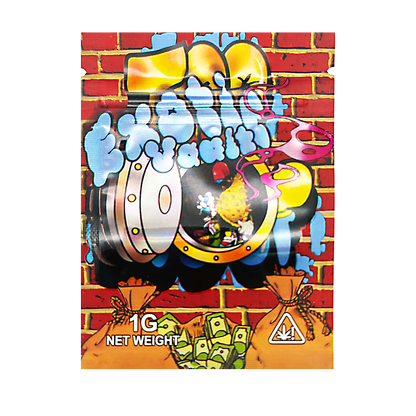 Mylar Bag Colorful packaging with text and graphics on a brick wall background