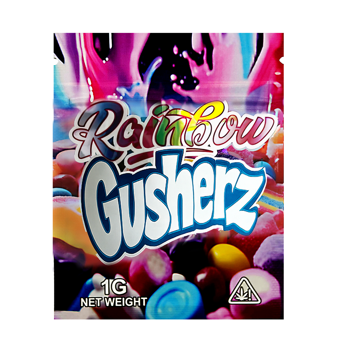 Mylar Bag Packaging of Rainbow Gushers with colorful design and candy imagery.