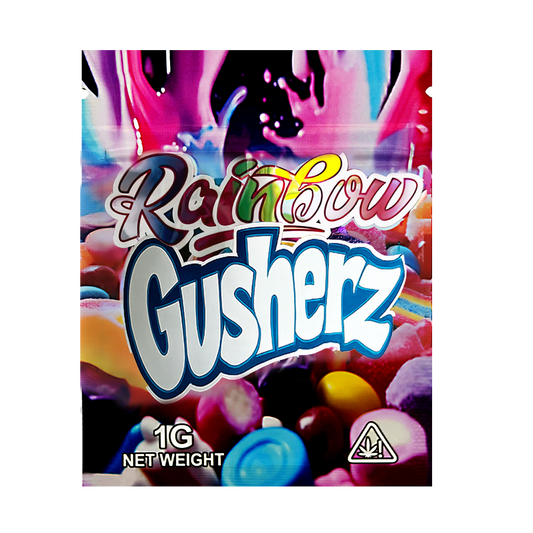 Mylar Bag Packaging of Rainbow Gushers with colorful design and candy imagery.