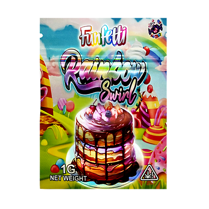 Mylar Bag Funfetti Rainbow Swirl cake mix packaging with colorful design and cake illustration.