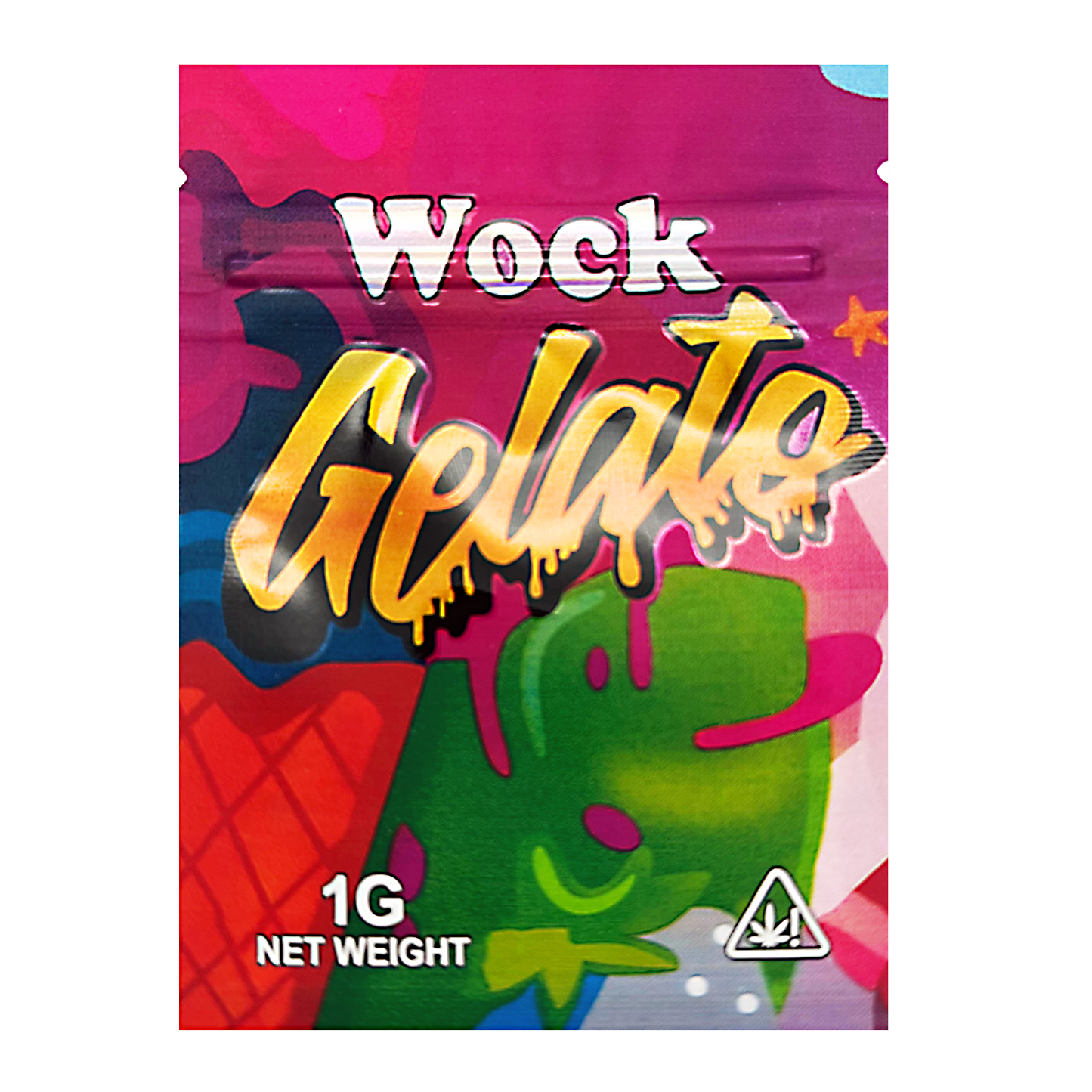 Mylar Bag Colorful packaging of Wock Gelato with abstract design and text.