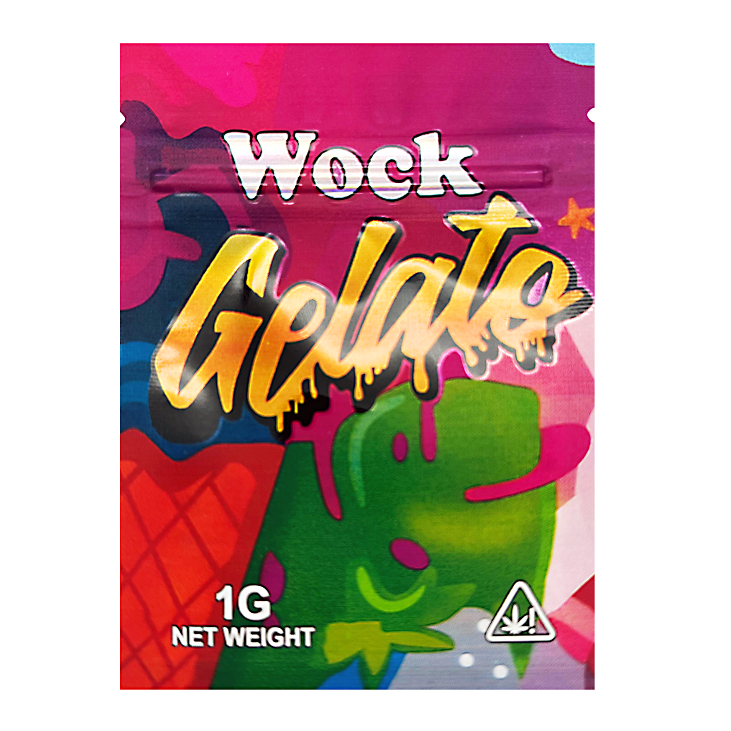 Mylar Bag Colorful packaging of Wock Gelato with abstract design and text.