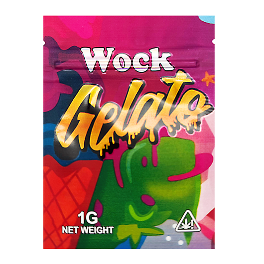Mylar Bag Colorful packaging of Wock Gelato with abstract design and text.