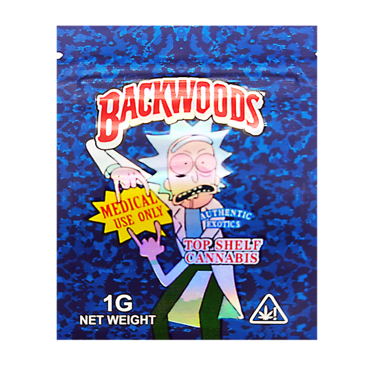 Mylar Bag Backwoods cannabis packaging with a character design on a blue patterned background