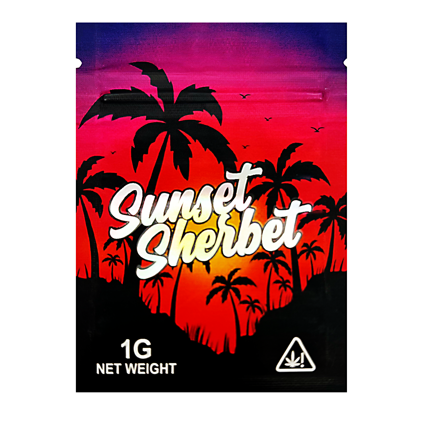 Mylar Bag Sunset Sherbet packaging with palm trees and a sunset design on a white background
