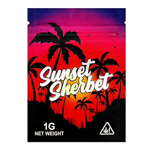 Mylar Bag Sunset Sherbet packaging with palm trees and a sunset design on a white background