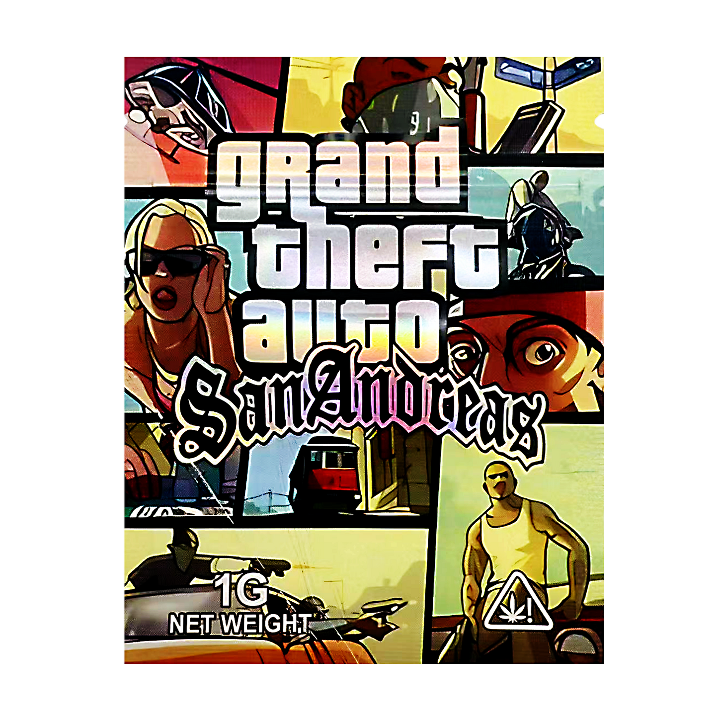 Mylar Bag Cover of 'Grand Theft Auto San Andreas' with colorful graphics and character images.