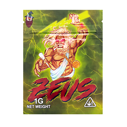 Mylar Bag Zeus product packaging with a character holding lightning bolts on a green background