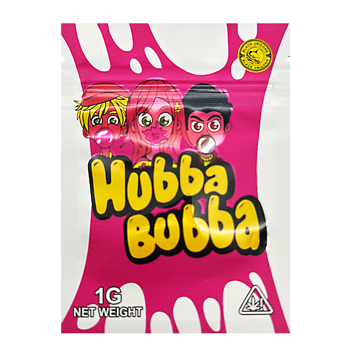 Mylar Bag Hubba Bubba bubble gum packaging with cartoon characters on a pink background