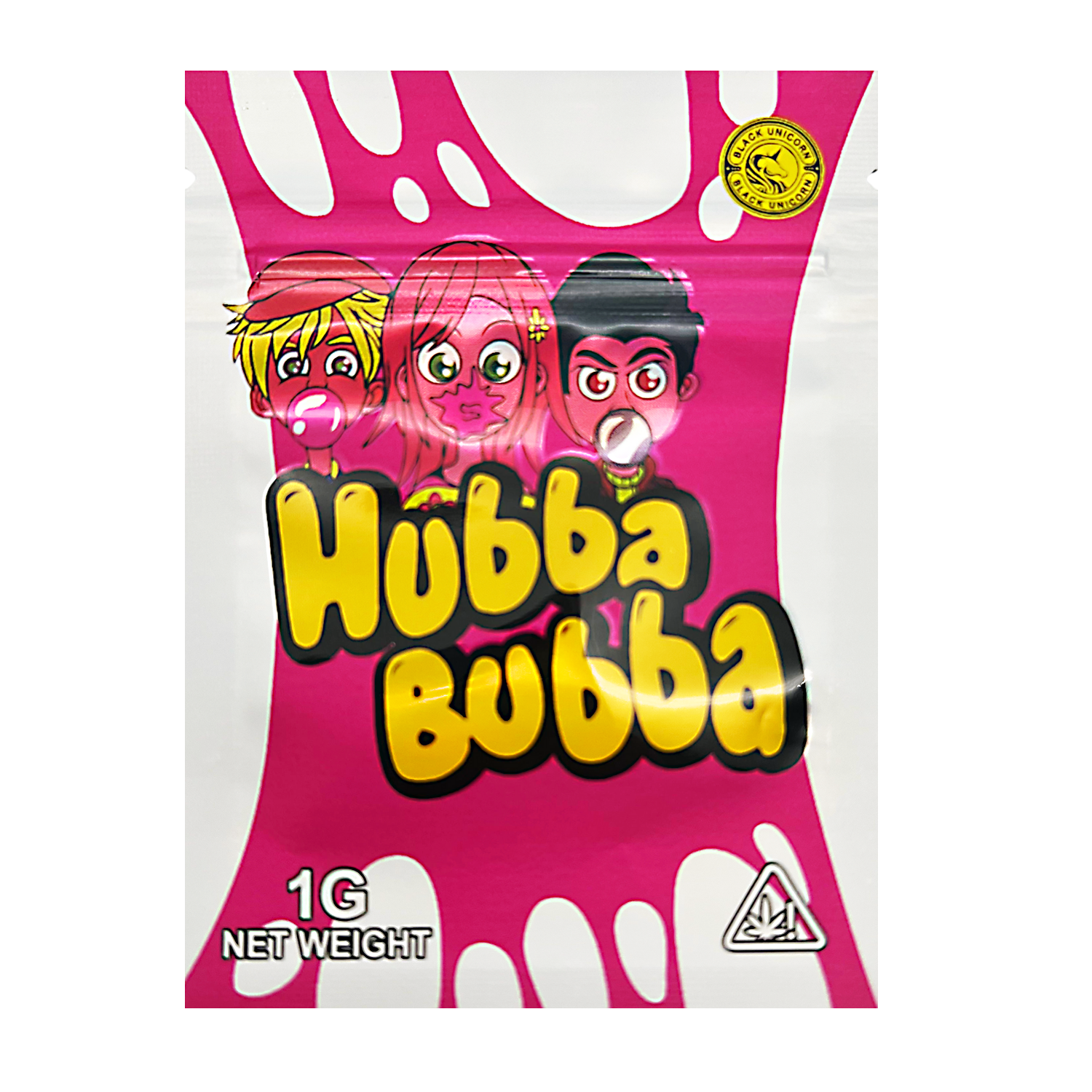 Mylar Bag Hubba Bubba bubble gum packaging with cartoon characters on a pink background