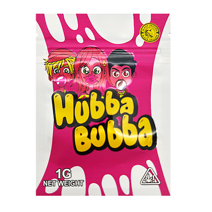 Mylar Bag Hubba Bubba bubble gum packaging with cartoon characters on a pink background