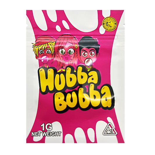 Mylar Bag Hubba Bubba bubble gum packaging with cartoon characters on a pink background