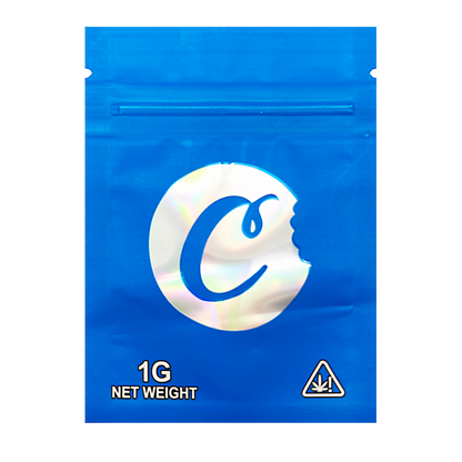 Mylar Bag Blue packaging with a logo and weight indication on a white background