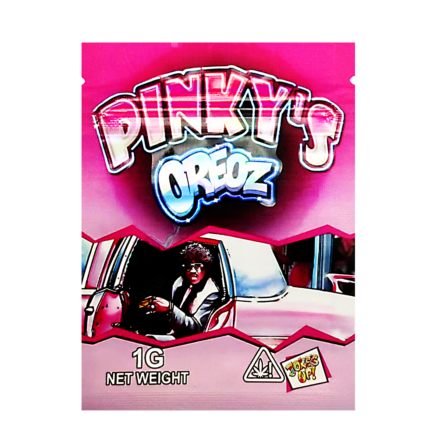 Mylar Bag Pink packaging of 'Pinky's Oreoz' with a character in a car, on a white background.