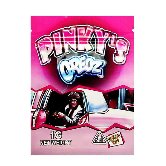 Mylar Bag Pink packaging of 'Pinky's Oreoz' with a character in a car, on a white background.