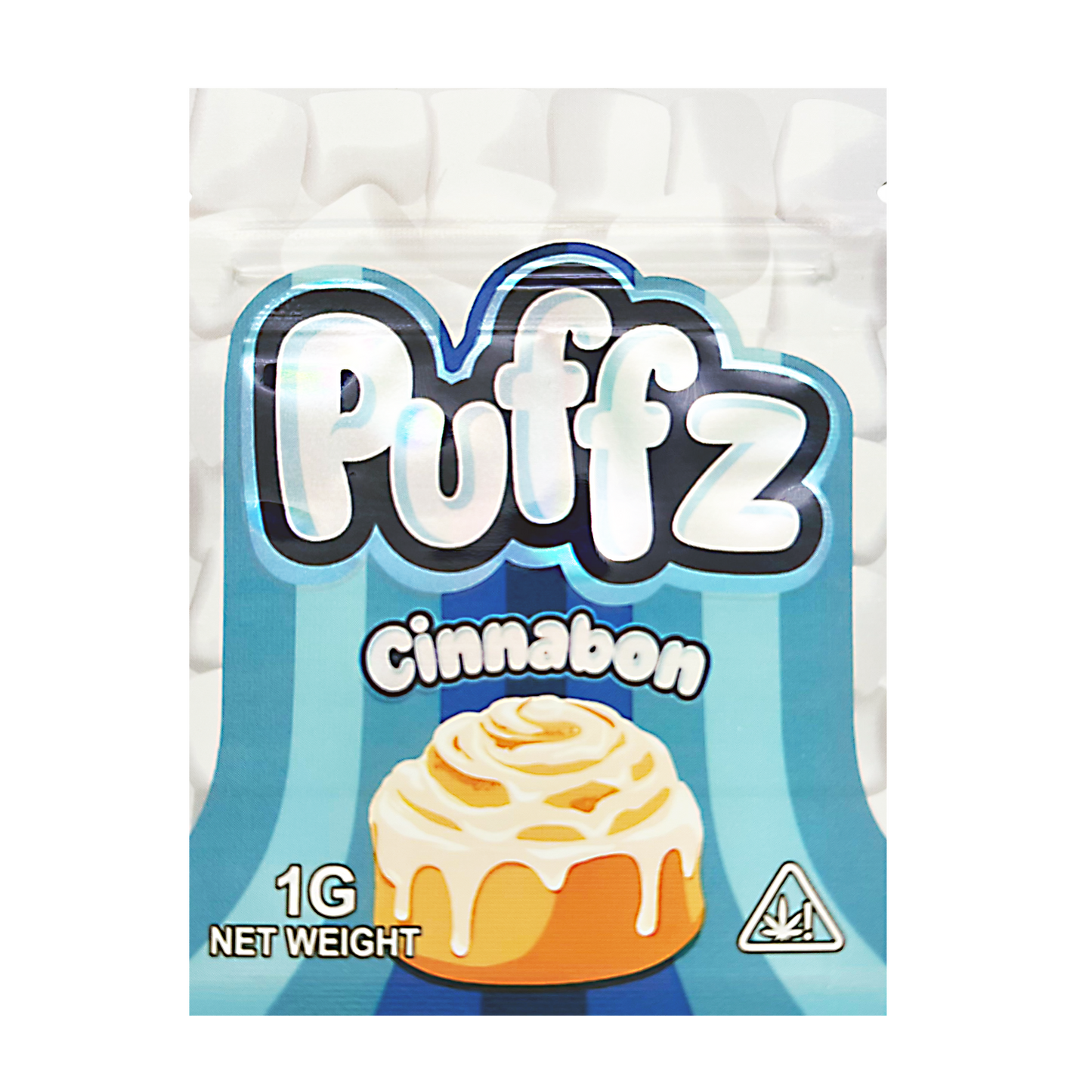 Mylar Bag Puffz Cinnamon flavor packaging with a cinnamon roll illustration on a white background