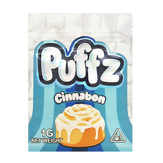 Mylar Bag Puffz Cinnamon flavor packaging with a cinnamon roll illustration on a white background