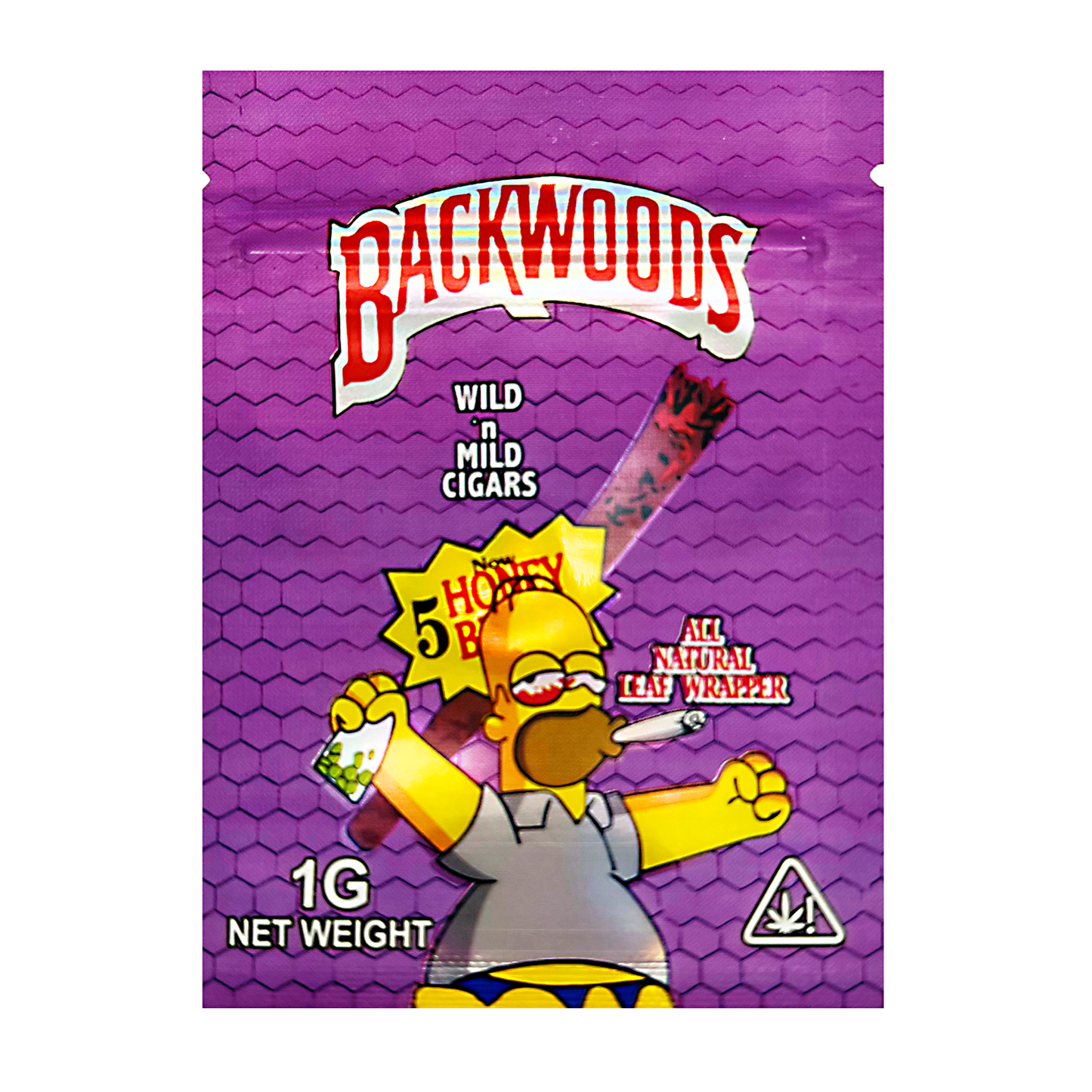 Mylar Bag Backwoods wild mild cigars packaging with a cartoon character on a purple background