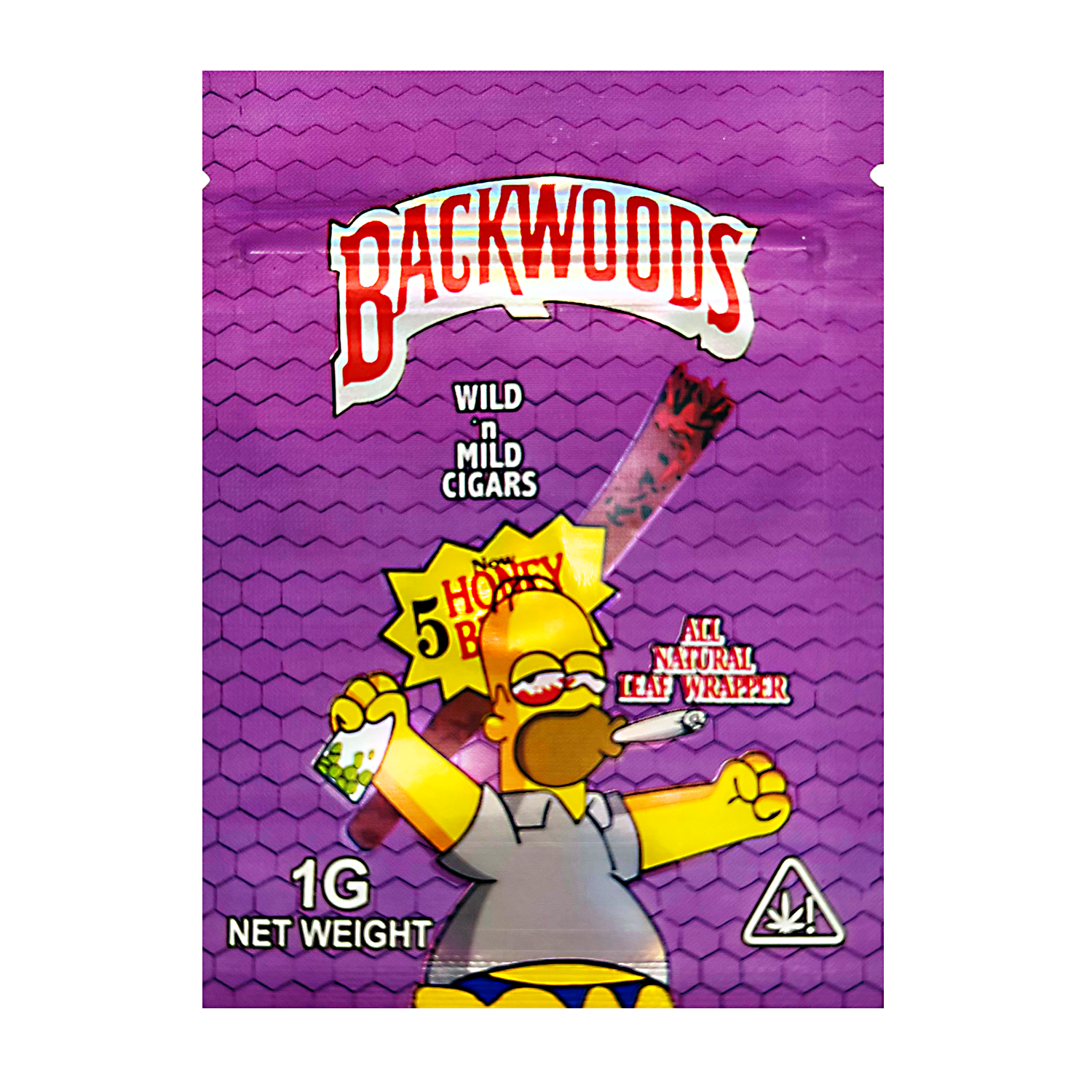 Mylar Bag Backwoods wild mild cigars packaging with a cartoon character on a purple background