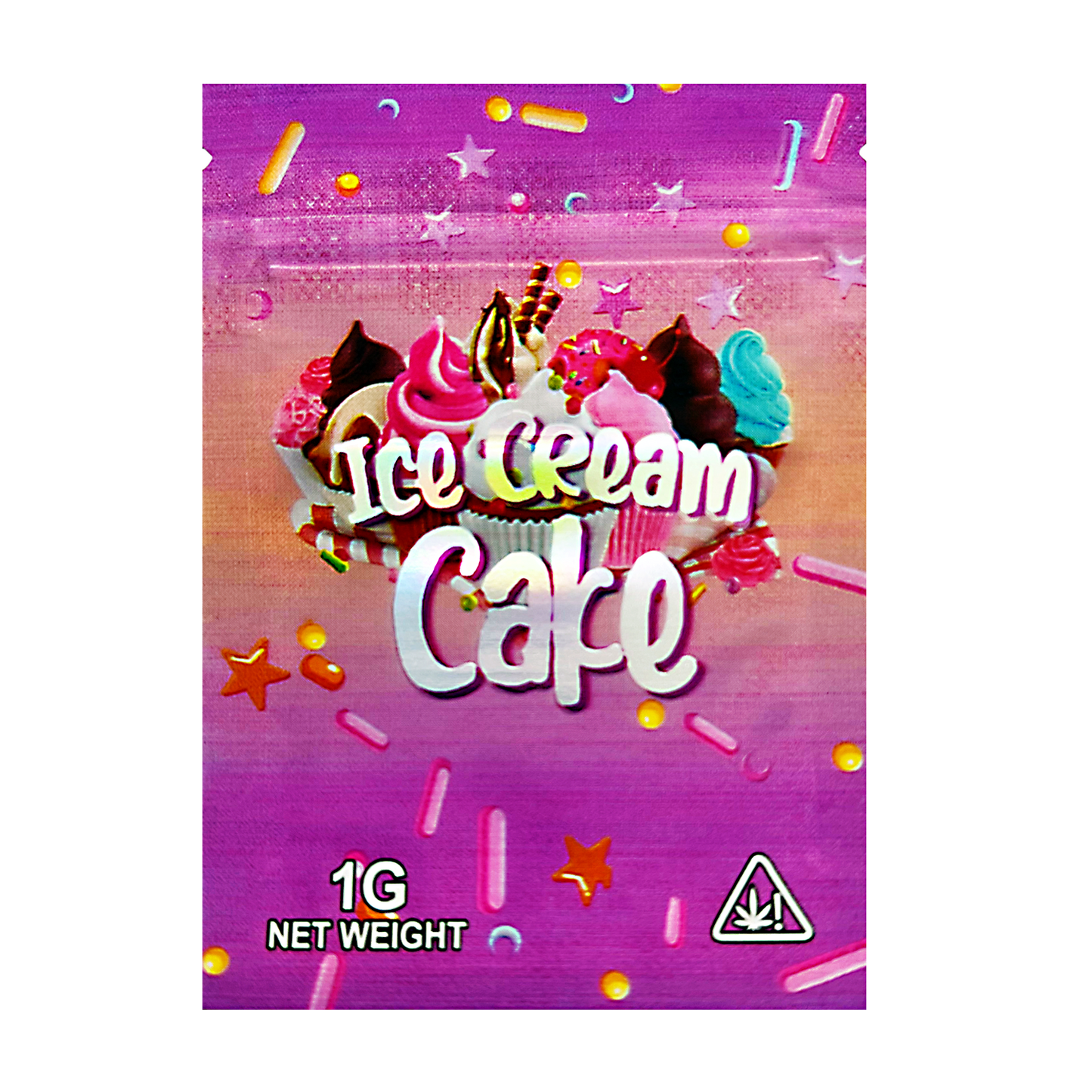 Mylar Bag Packaged product labeled 'Ice Cream Cake' with colorful design on a white background