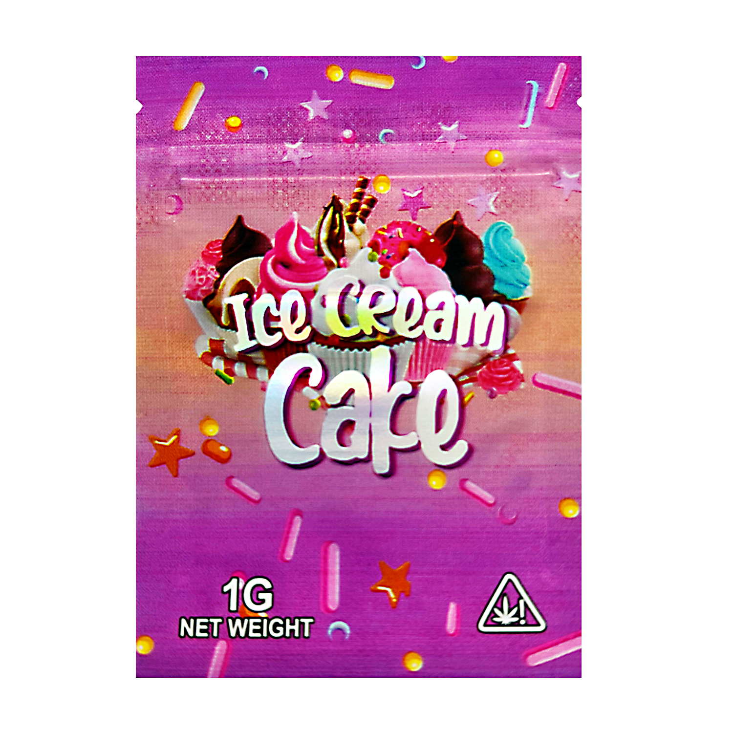 Mylar Bag Packaged product labeled 'Ice Cream Cake' with colorful design on a white background