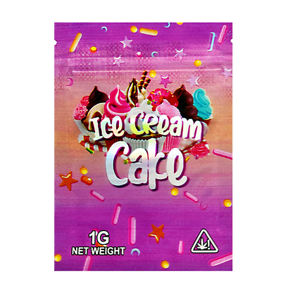 Mylar Bag Packaged product labeled 'Ice Cream Cake' with colorful design on a white background