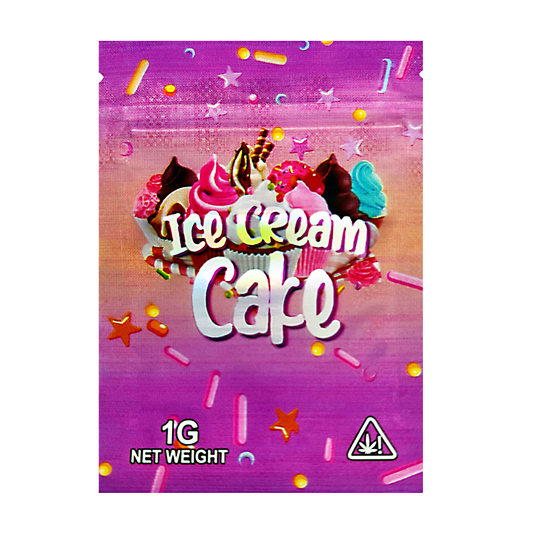 Mylar Bag Packaged product labeled 'Ice Cream Cake' with colorful design on a white background