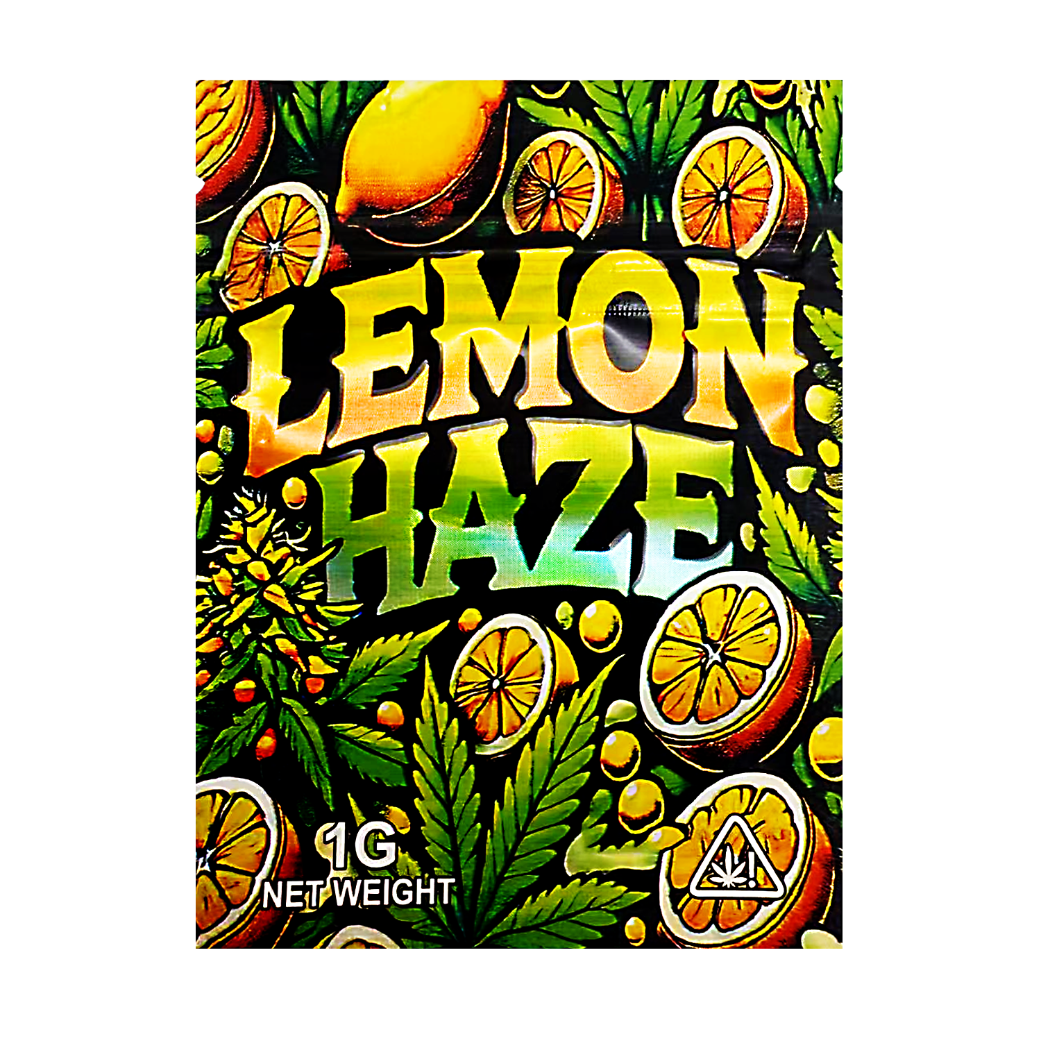 Mylar Bag Lemon Haze product packaging with lemon slices and cannabis leaves on a colorful background