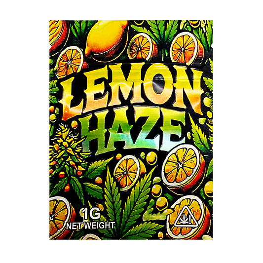 Mylar Bag Lemon Haze product packaging with lemon slices and cannabis leaves on a colorful background