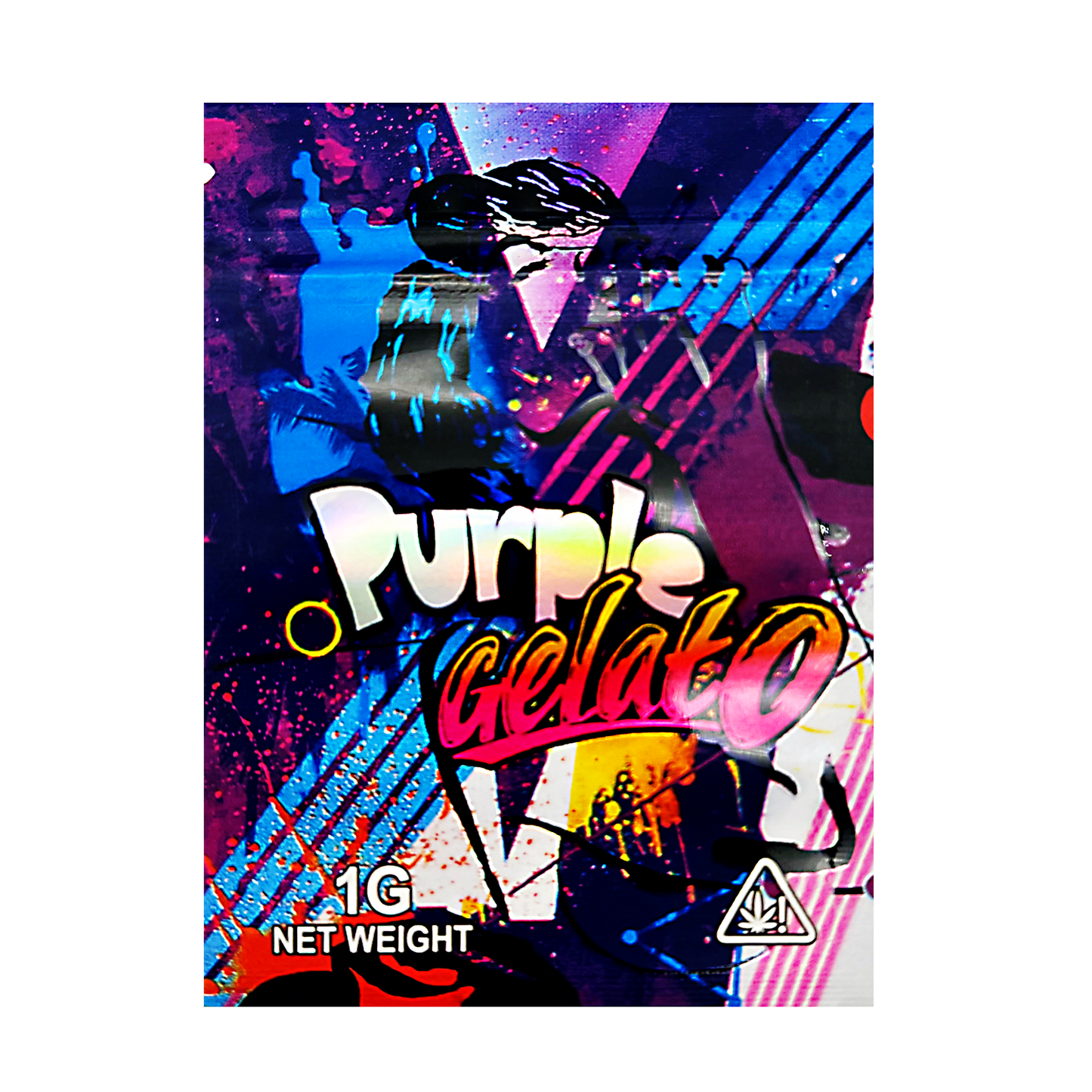 Mylar Bag Colorful packaging of 'Purple Gelato' with abstract designs on a white background
