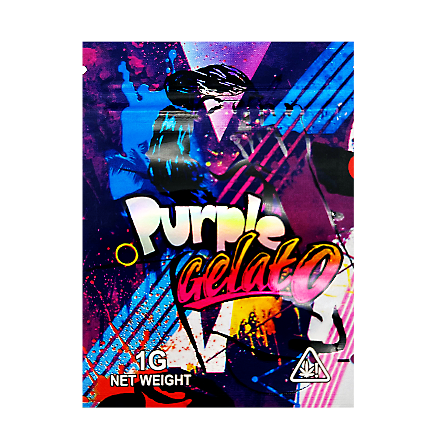 Mylar Bag Colorful packaging of 'Purple Gelato' with abstract designs on a white background