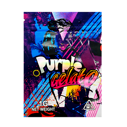Mylar Bag Colorful packaging of 'Purple Gelato' with abstract designs on a white background