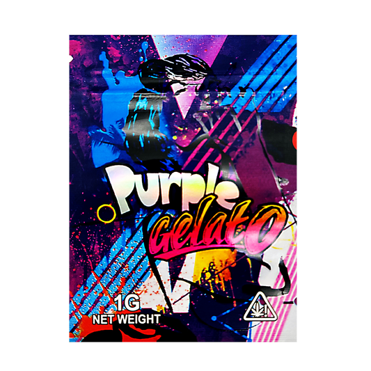 Mylar Bag Colorful packaging of 'Purple Gelato' with abstract designs on a white background