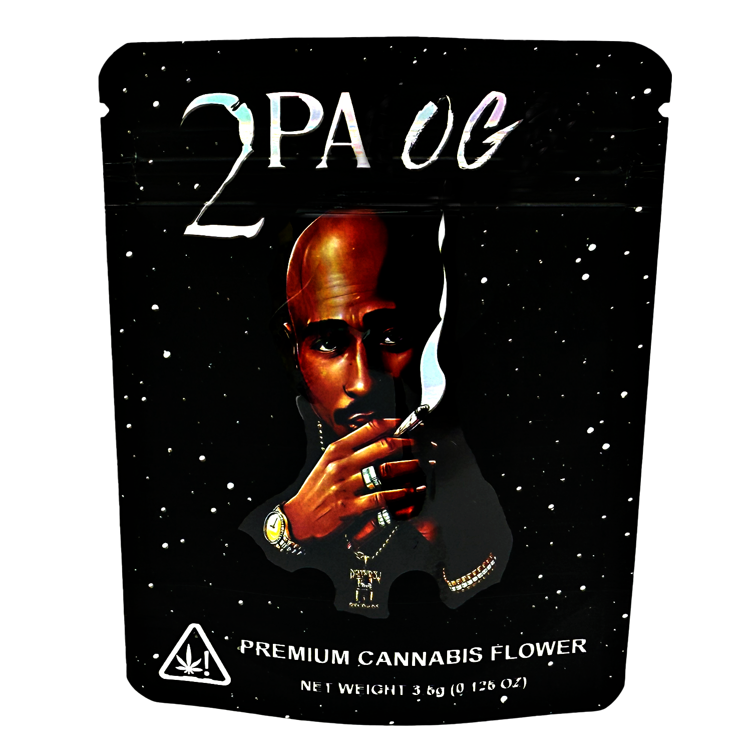 Mylar Bag Packaging for '2Pac OG' premium cannabis flower with a portrait of a person smoking.