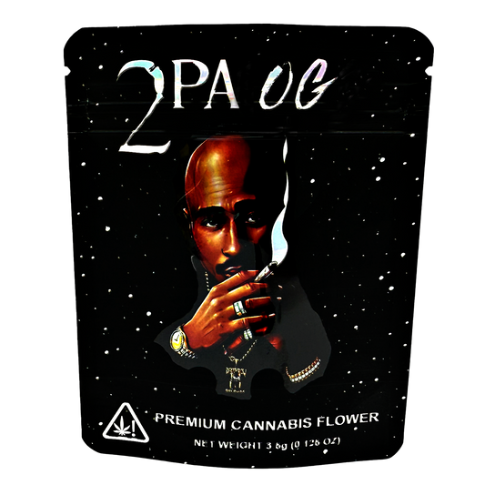Mylar Bag Packaging for '2Pac OG' premium cannabis flower with a portrait of a person smoking.