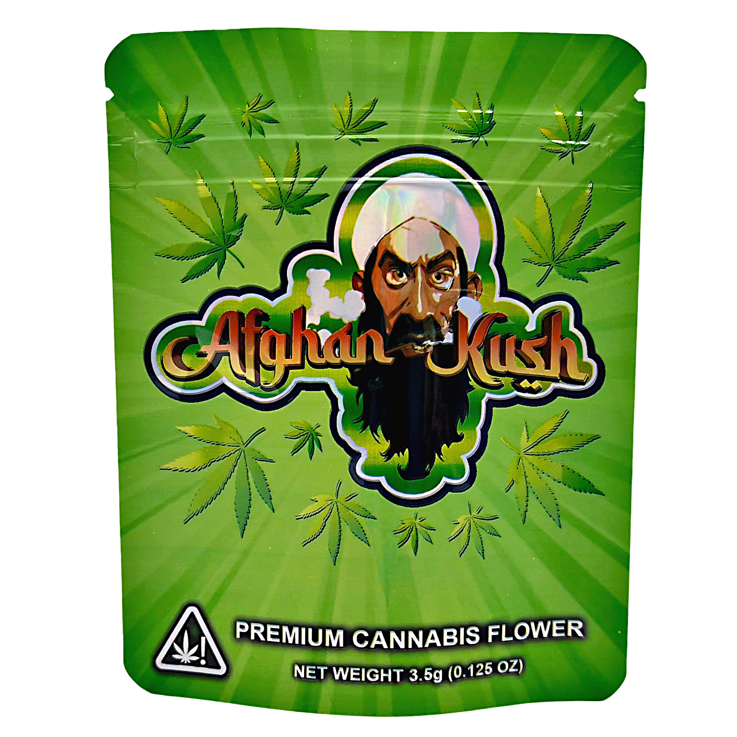 3.5G Mylar Bags, Cannabis Mylar Bags, Where to buy mylar bags, Custom mylar bags near me, Mylar Bags Wholesale. Green packaging of Afghan Kush premium cannabis flower with brand logo and leaf designs.