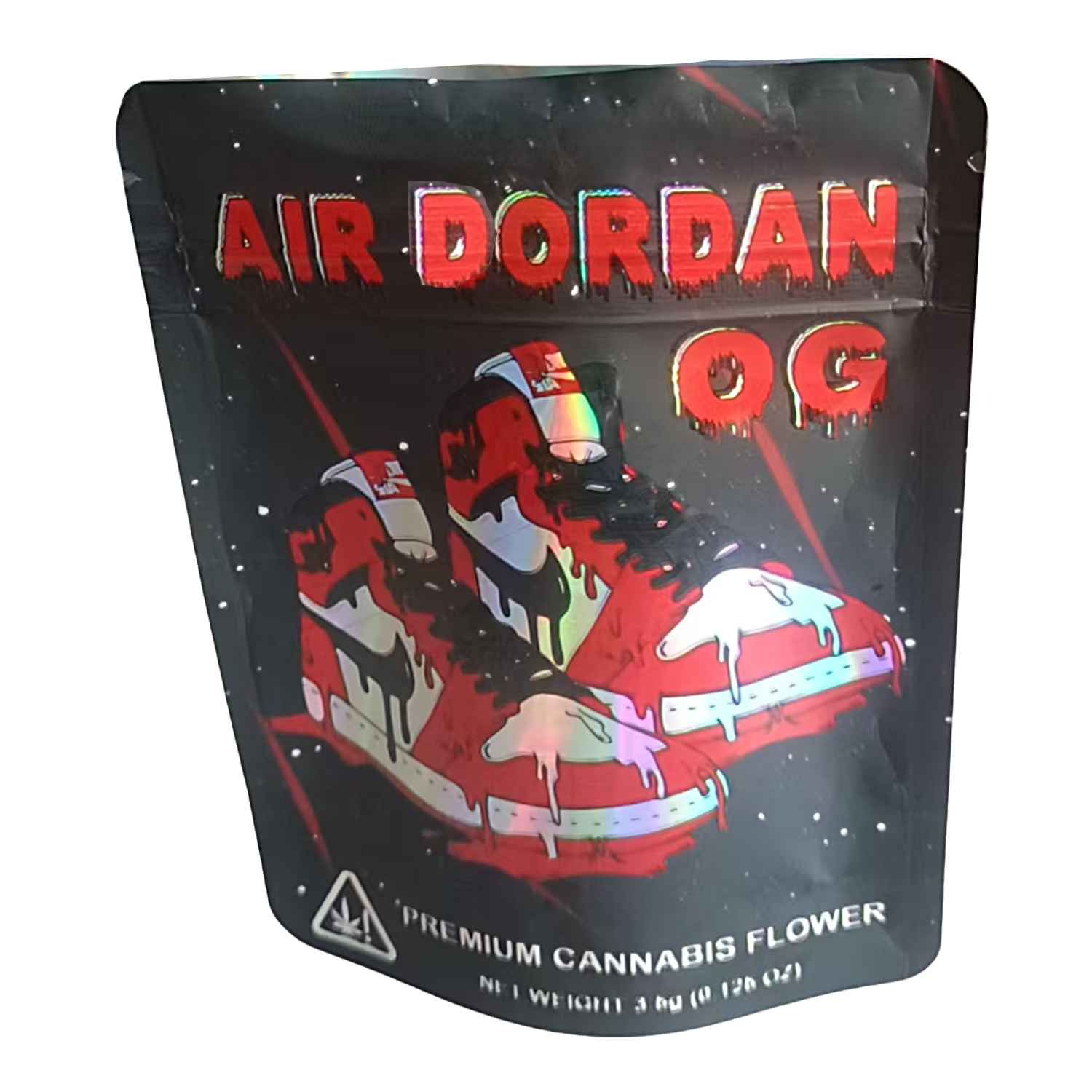 Mylar Bag Packaging for 'Air Dordan OG' premium cannabis flower with red and black design.