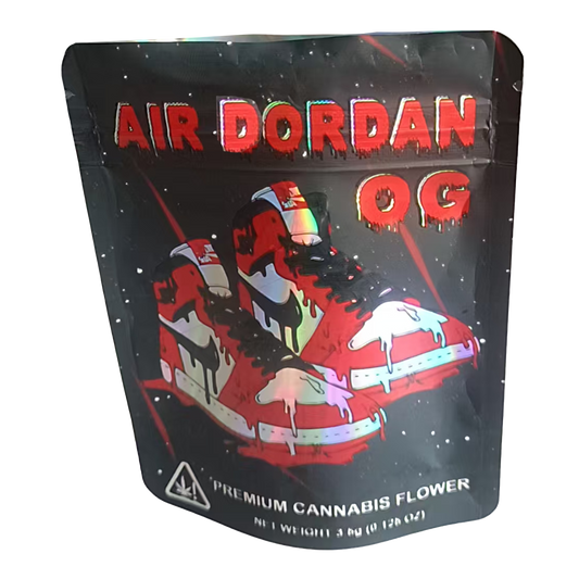 Mylar Bag Packaging for 'Air Dordan OG' premium cannabis flower with red and black design.