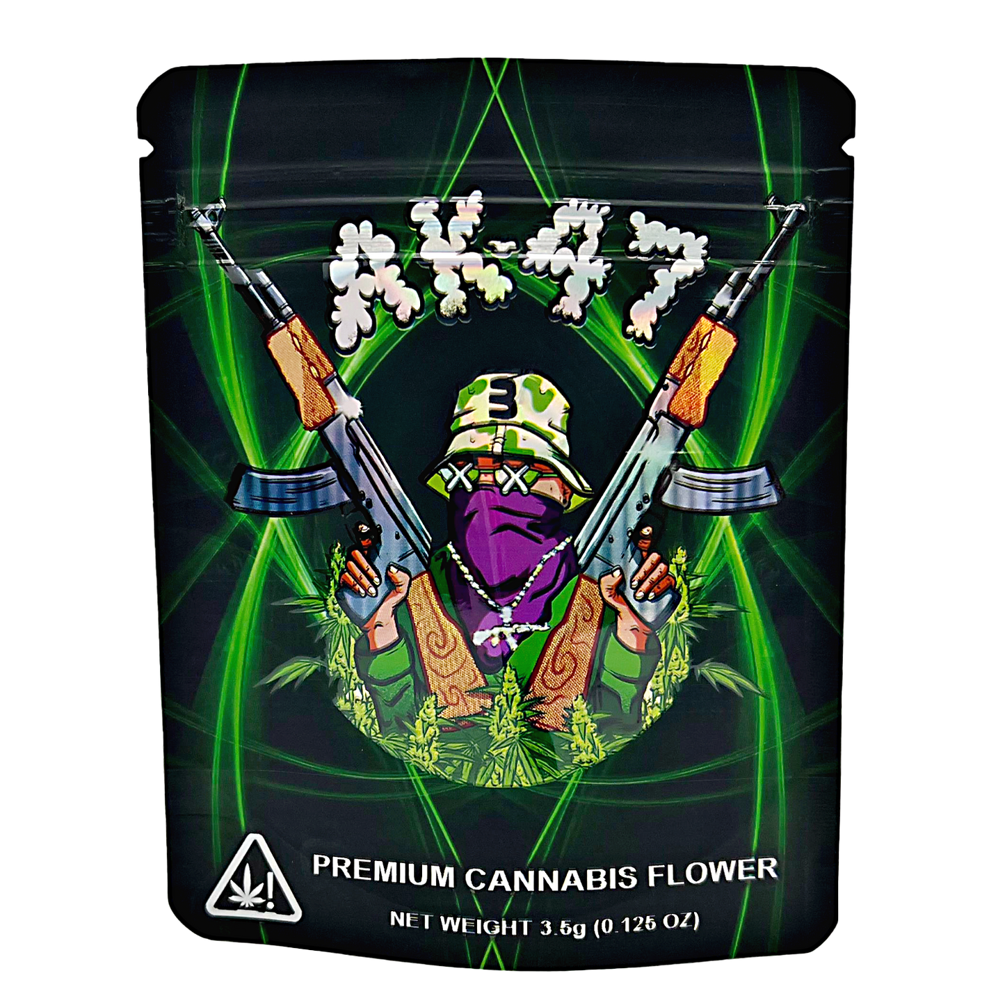 3.5G Mylar Bags, Cannabis Mylar Bags, Where to buy mylar bags, Custom mylar bags near me, Mylar Bags Wholesale. Cannabis packaging with a stylized figure holding guns and cannabis leaves on a black background.