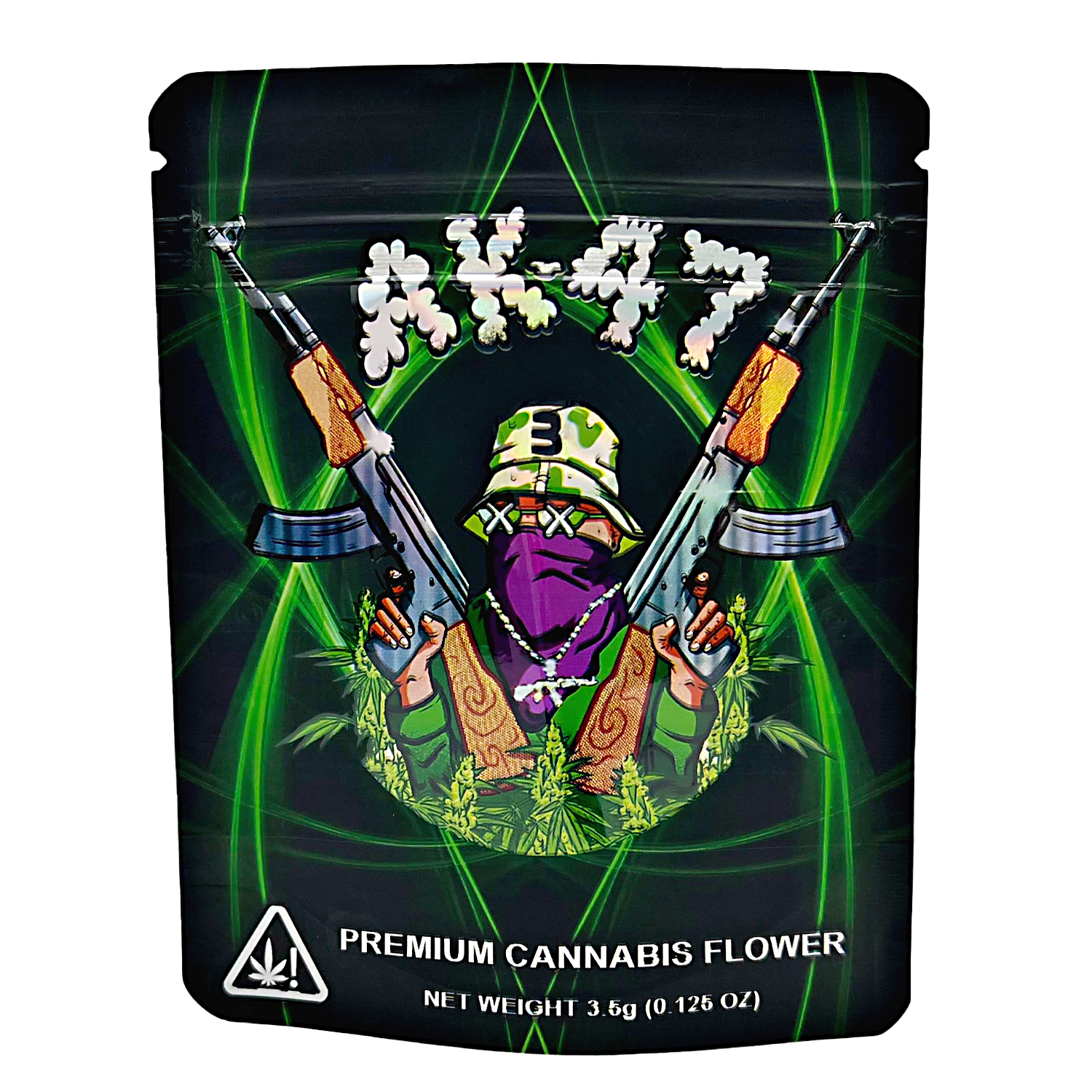 3.5G Mylar Bags, Cannabis Mylar Bags, Where to buy mylar bags, Custom mylar bags near me, Mylar Bags Wholesale. Cannabis packaging with a stylized figure holding guns and cannabis leaves on a black background.