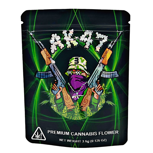 3.5G Mylar Bags, Cannabis Mylar Bags, Where to buy mylar bags, Custom mylar bags near me, Mylar Bags Wholesale. Cannabis packaging with a stylized figure holding guns and cannabis leaves on a black background.