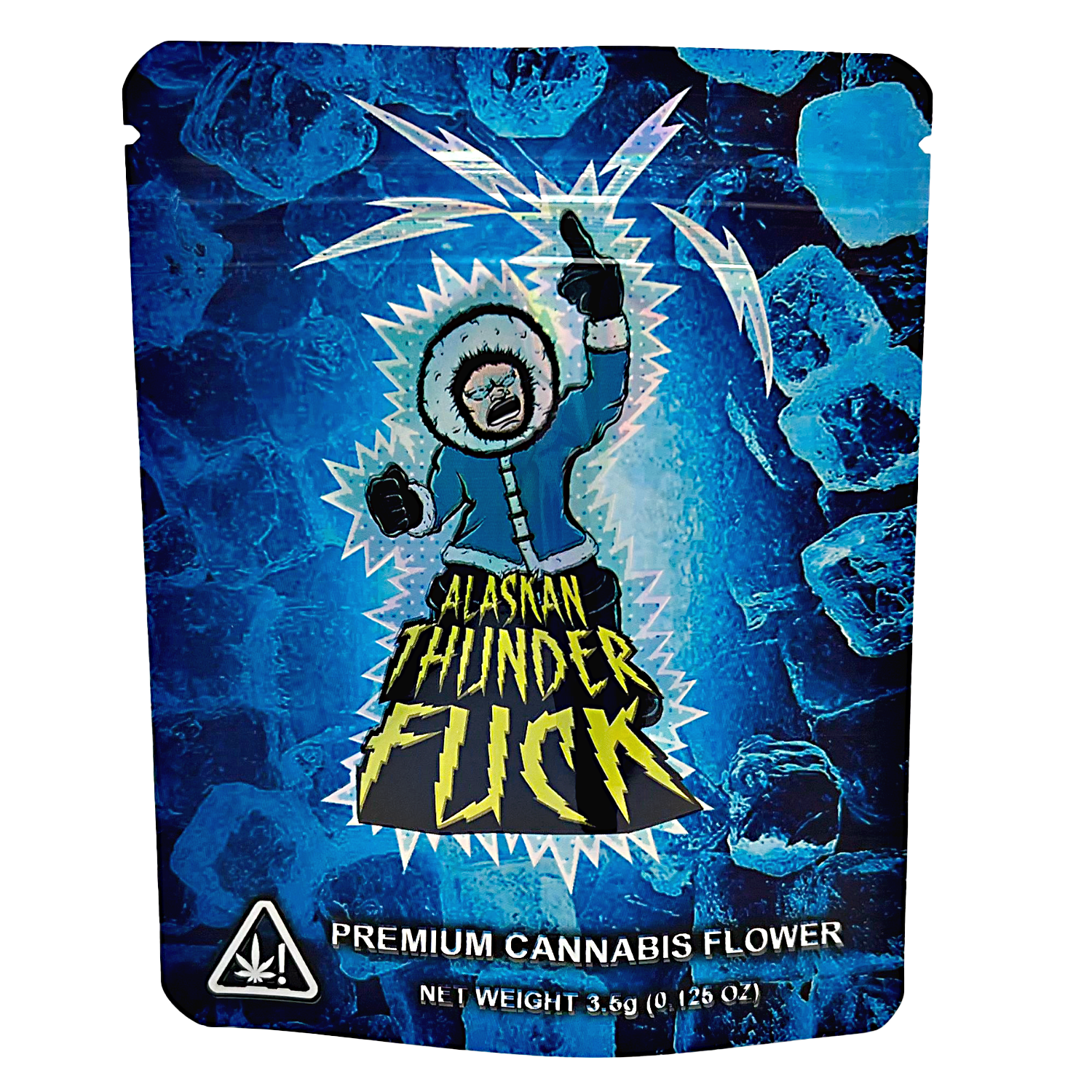 3.5G Mylar Bags, Cannabis Mylar Bags, Where to buy mylar bags, Custom mylar bags near me, Mylar Bags Wholesale. Alaskan Thunder Fuck cannabis flower packaging with blue background and character illustration.