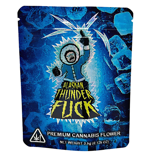 3.5G Mylar Bags, Cannabis Mylar Bags, Where to buy mylar bags, Custom mylar bags near me, Mylar Bags Wholesale. Alaskan Thunder Fuck cannabis flower packaging with blue background and character illustration.