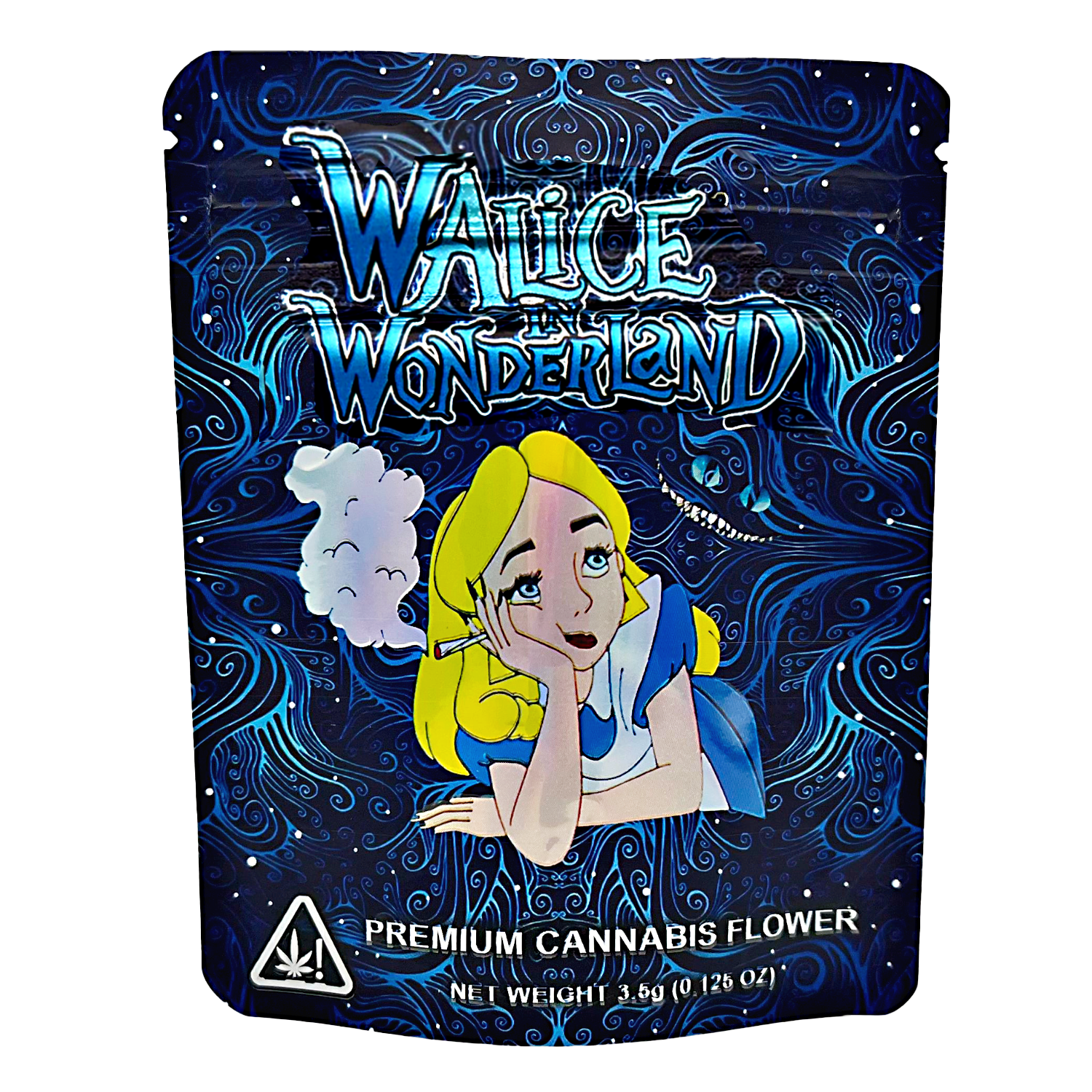 Mylar Bag Cannabis packaging with cartoon character on a blue and black background