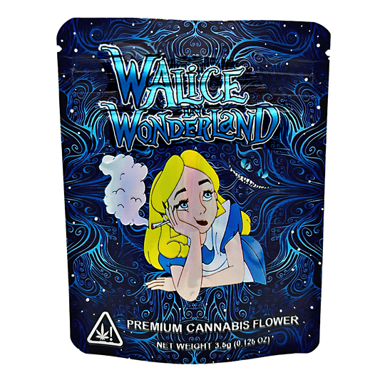 Mylar Bag Cannabis packaging with cartoon character on a blue and black background