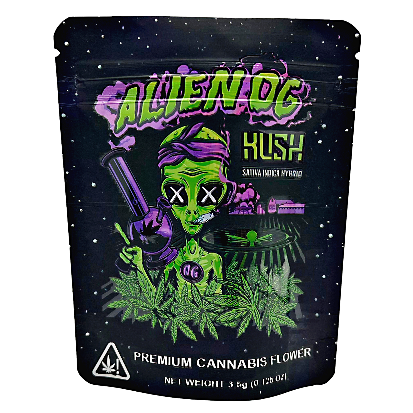 3.5G Mylar Bags, Cannabis Mylar Bags, Where to buy mylar bags, Custom mylar bags near me, Mylar Bags Wholesale. Alien-themed cannabis packaging with green alien character and 'Alien OG Kush' branding.