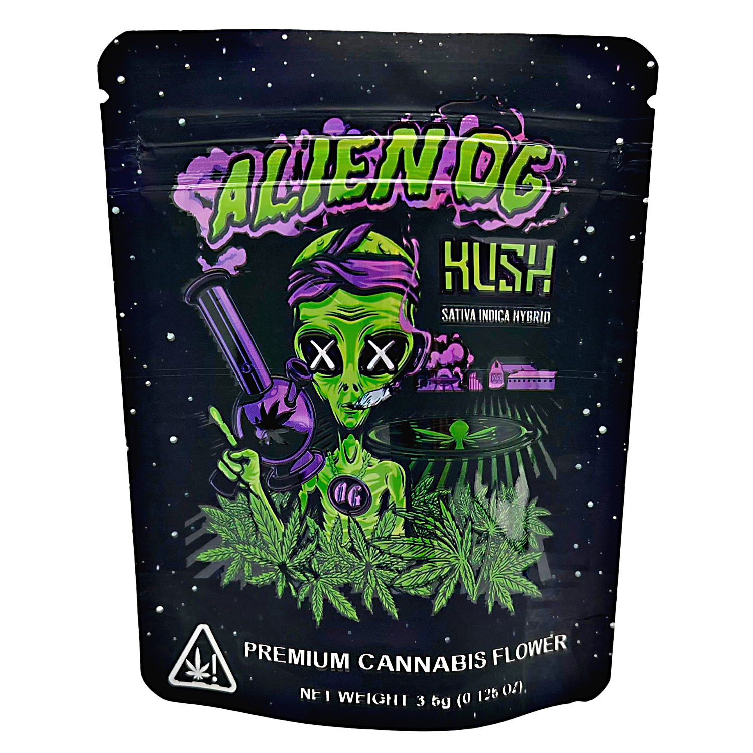 3.5G Mylar Bags, Cannabis Mylar Bags, Where to buy mylar bags, Custom mylar bags near me, Mylar Bags Wholesale. Alien-themed cannabis packaging with green alien character and 'Alien OG Kush' branding.