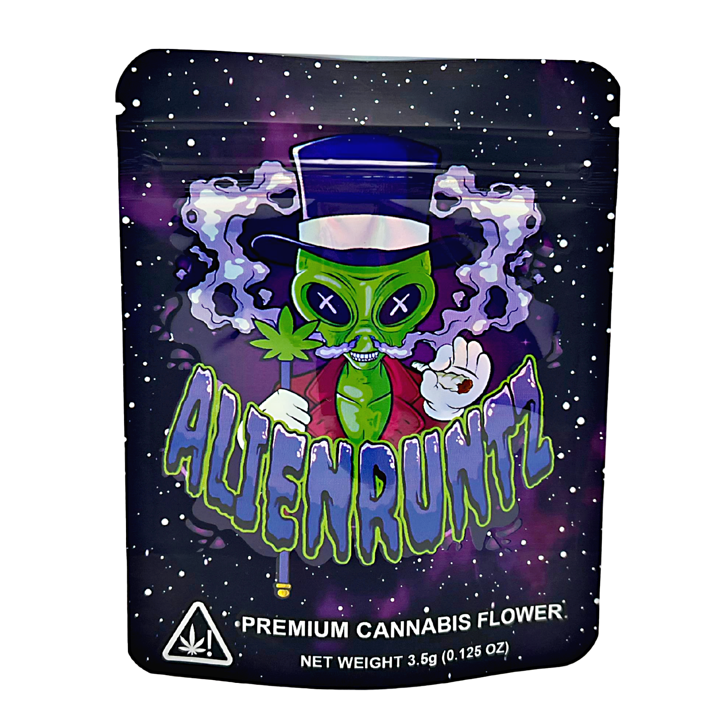 3.5G Mylar Bags, Cannabis Mylar Bags, Where to buy mylar bags, Custom mylar bags near me, Mylar Bags Wholesale. Alienruntz premium cannabis flower packaging with an alien character on a dark background