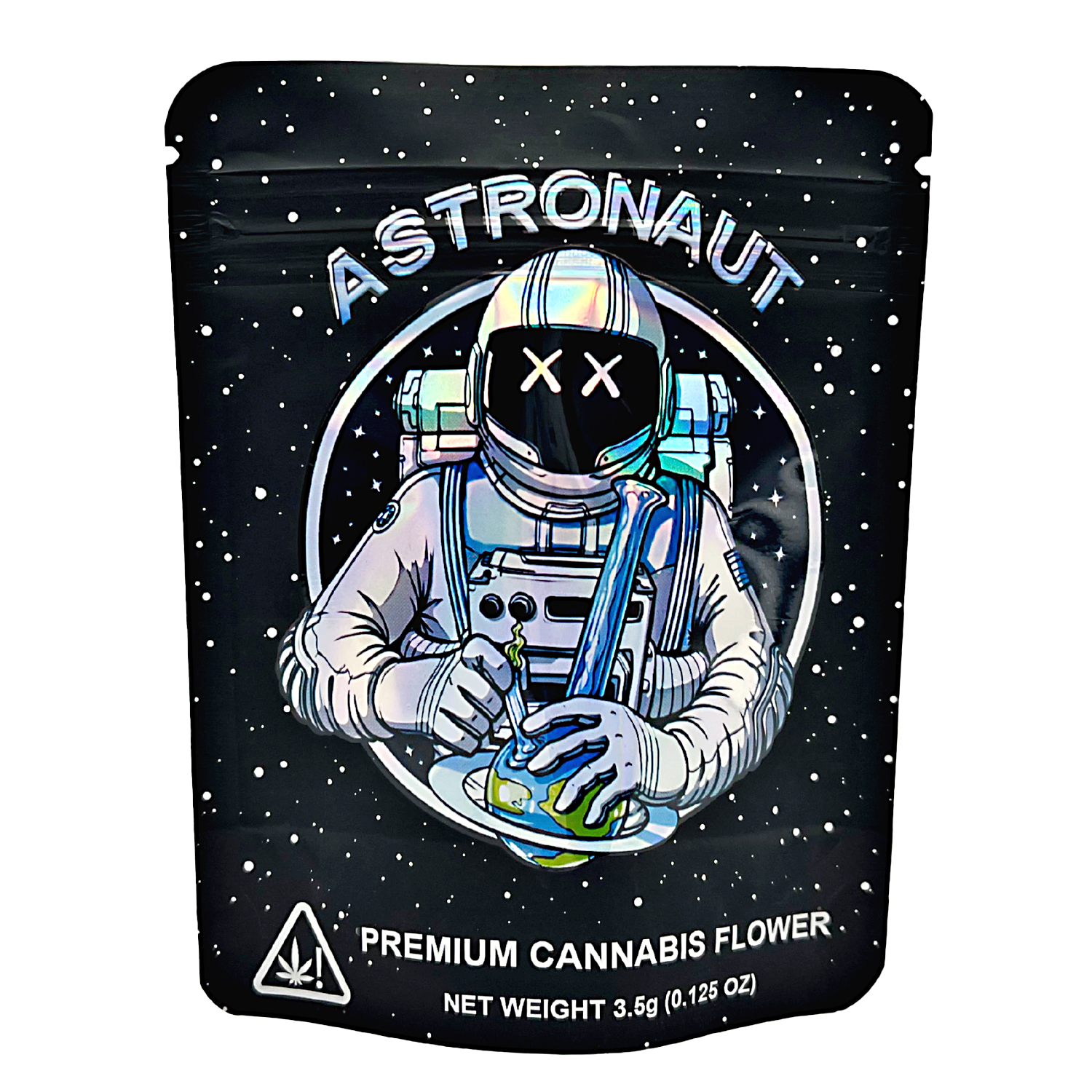 3.5G Mylar Bags, Cannabis Mylar Bags, Where to buy mylar bags, Custom mylar bags near me, Mylar Bags Wholesale. Cannabis packaging with an astronaut illustration on a black background